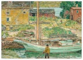 Sklenený obraz - Childe Hassam, Oyster Sloop, Cos Cob, reprodukcia (70x50 cm)