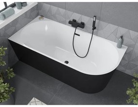 Mexen Mia, voľne stojaca rohová vaňa ľavá 160 x 80 cm, biela/čierna, čierny prepad, 52691608075L-70