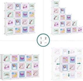 Skladacia skrinka, Policový systém so 16 priehradkami pre deti, motív unikorn