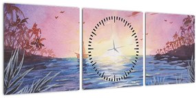 Obrázok - Západ slnka nad vodou, aquarel (s hodinami) (90x30 cm)