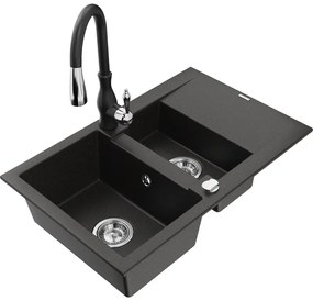 Mexen Gaspar, 1,5-komorový granitový drez 737x475x177 mm a drezová batéria Savita, čierna-zlatá metalíza, 6507-75-672601-70