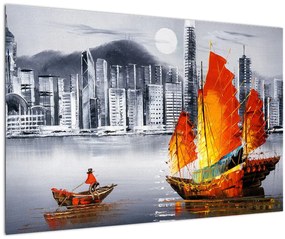 Obraz - Victoria Harbor, Hong Kong, čiernobiela olejomaľba (90x60 cm)