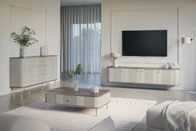 Závesný TV stolík Vespera 4D 187 cm - kašmírová / orech / zlatá