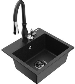 Mexen Milo, 1-komorový granitový drez 435x410x171 mm a drezová batéria Savita, čierna-strieborná metalíza, 6505-73-672601-70-B