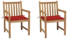 Záhradné stoličky 2 ks červené podložky teakový masív