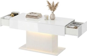 HOMCOM High-Gloss Coffee Table with LED Lighting, Modern Side Table with 2 Drawers, Remote-Controlled, 108 x 48 x 55 cm (42.5 x 18.9 x 21.7 in) – Whit