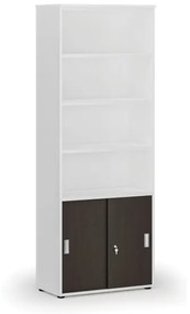 Kombinovaná kancelárska skriňa PRIMO WHITE, zasúvacie dvere na 2 poschodia, 2128 x 800 x 420 mm, biela/wenge
