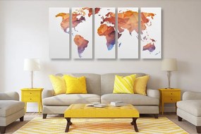 5-dielny obraz polygonálna mapa sveta v odtieňoch oranžovej - 100x50