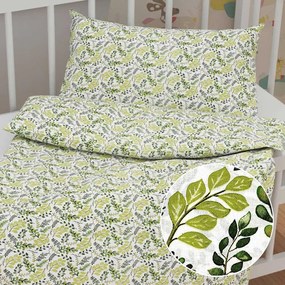 Biante Detské bavlnené posteľné obliečky do postieľky Sandra SA-426 Zelené vetvičky s lístkami na bielom Do postieľky 90x140 a 40x60 cm