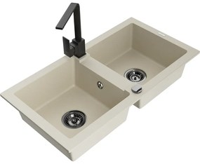 Mexen Mario, granitový drez 820x436x161 mm, 2-komorový, béžová s čiernym sifónom a čierna drezová batéria Rita, 6504-69-670300-70