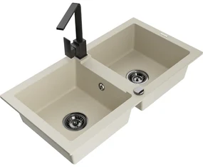 Mexen Mario, granitový drez 820x436x161 mm, 2-komorový, béžová s čiernym sifónom a čierna drezová batéria Rita, 6504-69-670300-70