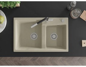 Mexen Tomas, 2-komorový granitový drez 800x500x190 mm a drezová batéria Flora, béžová, 6516-69-670401-07