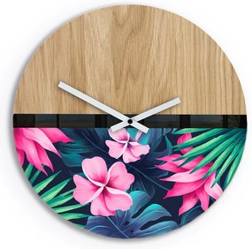 Dřevěné nástěnné hodiny Flower 33 cm dub přírodní/růžové