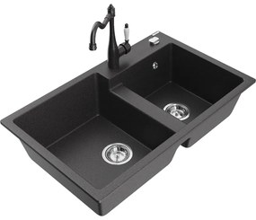 Mexen Tomas, granitový drez 800x500x190 mm, 2-komorový a drezová batéria Carla, čierna škvrnitá, 6516-76-670700-76