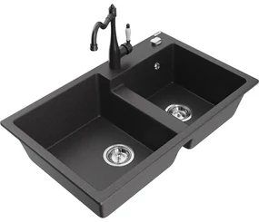 Mexen Tomas, granitový drez 800x500x190 mm, 2-komorový a drezová batéria Carla, čierna škvrnitá, 6516-76-670700-76