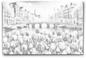 Gario Bodkovanie Tulipány s výhľadom na most Rozmery: 40 x 60 cm, Rámovanie: Iba zrolované plátno, Farba bodiek: Modrá