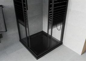 Mexen Rio, štvorcový sprchovací kút 90(dvere)x90(dvere)x190 cm, 5mm číre sklo-vzor pásiky, čierny profil + čierna sprchová vanička SLIM, 860-090-090-70-20-4070B