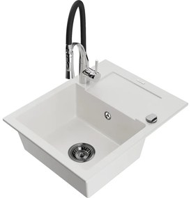 Mexen Enzo, 1-komorový granitový drez 576x465x174 mm a drezová batéria Aster, biela, 6506-20-73450-07-B