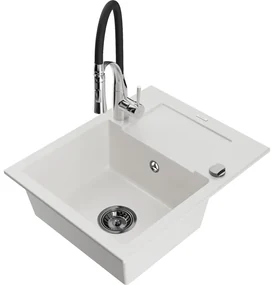Mexen Enzo, 1-komorový granitový drez 576x465x174 mm a drezová batéria Aster, biela, 6506-20-73450-07-B