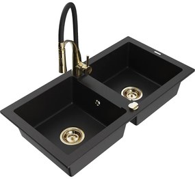 Mexen Mario, granitový drez 820x436x161 mm, 2-komorový a drezová batéria Aster, čierna, 6504-77-73450-57-G