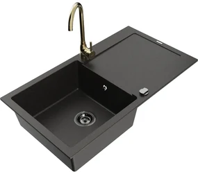 Mexen Leo, drez granitový 900x500x190 mm, 1-komorový a zlatá batéria Telma, čierna-zlatá metalíza, 6501-75-670200-50-B