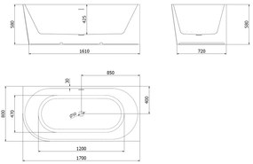 Mexen Silo, rohová voľne stojaca ryhovaná vaňa, pravá, 170 x 80 cm, biela-čierna, zlatý matný prepad, 52891708075P-55