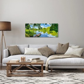 Obraz letné rieky s loďkou (120x50 cm)