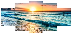 Gario Obraz s hodinami Západ slnka v Cancúne Mexiko - 5 dielny Rozmery: 150 x 70 cm