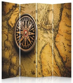 Ozdobný paraván, Kompas na staré mapě - 145x170 cm, štvordielny, klasický paraván