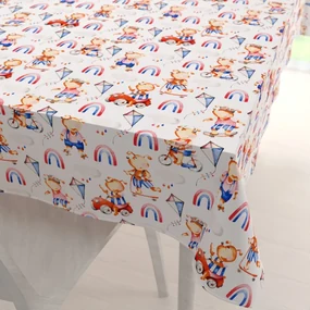 Biante Detský bavlnený obdĺžnikový obrus Sandra SA-521 Modro-červení psíkovia s autami na bielom 140x180 cm