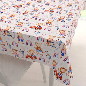 Biante Detský bavlnený obdĺžnikový obrus Sandra SA-521 Modro-červení psíkovia s autami na bielom 80x120 cm
