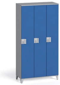 Šatníková skriňa S4, 3 oddiely, 1750 x 900 x 400 mm, demont, otočný zámok, sivá/modrá
