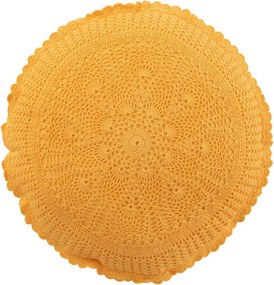 Žltý okrúhly bavlnený vankúš s čipkou Lace ochre - Ø 38*12cm