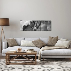 Obraz - Zamilované kone, čiernobiela (s hodinami) (90x30 cm)