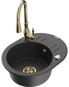Mexen Kevin, granitový drez 586x458x190 mm, 1-komorový a drezová batéria Savita, čierna škvrnitá, 6517-76-672601-50