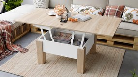 Mazzoni OSLO dub sonoma / biely mat, rozkladací konferenčný stolík s výškovo nastaviteľnou stolovou doskou
