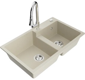 Mexen Tomas, 2-komorový granitový drez 800x500x190 mm a drezová batéria Elia, béžová, 6516-69-670101-00