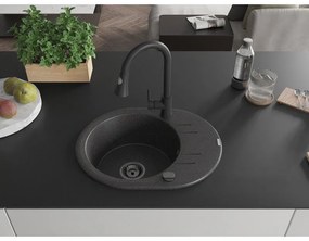 Mexen Kevin, 1-komorový granitový drez 586x458x190 mm a drezová batéria Elia, čierna škvrnitá, 6517-76-670101-70-B