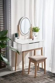 Toaletný stolík GLAM s LED zrkadlom biely / naturálny, béžová taburetka