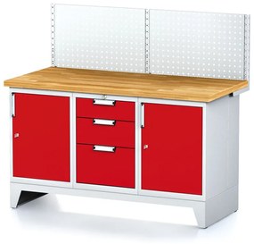 Dielenský stôl MECHANIC I , perforovaný panel, 2 skrinky a zásuvkový box na náradie, 3 zásuvky, 1500x685x880 mm, červené dvere