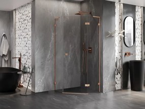 Mexen Lunar, L päťuholníkový sprchový kút s pravým sklonom 80 x 80 cm, 8mm číre sklo, profil medená matná, 831L-080P-080L-65-00-P