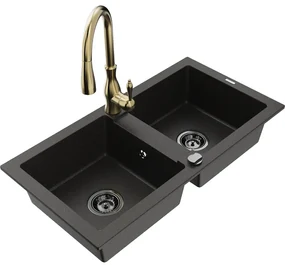Mexen Mario, 2-komorový granitový drez 820x436x161 mm a drezová batéria Savita, čierna-zlatá metalíza, 6504-75-672601-50-B