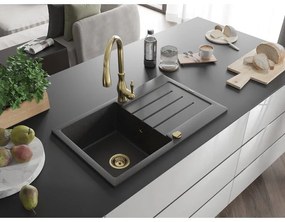 Mexen Bruno, 1-komorový granitový drez 795x495x200 mm a drezová batéria Savita, čierna škvrtnitá, 6513-76-672601-50