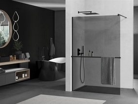 Mexen Kioto+, sprchová zástena s poličkou a držiakom na uteráky 110 x 200 cm, 8mm šedé sklo, čierny profil, 800-110-121-70-40