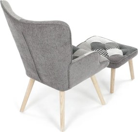 Relaxačné kreslo ušiak LISA + taburet — masív, látka, čiernobiely patchwork