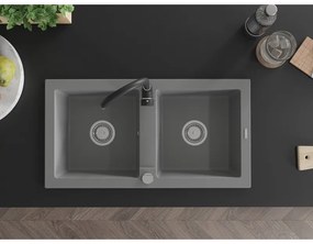 Mexen Mario, 2-komorový granitový drez 820x436x161 mm a čierna drezová batéria Telma, šedá, 6504-71-670200-70