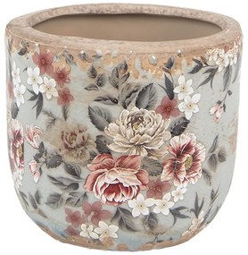 Šedý keramický dekoračný kvetináč s kvetmi Floria M - Ø 14*13 cm