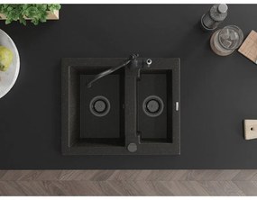 Mexen Carlos, granitový drez 582x475x177 mm, 1,5-komorový a drezová batéria Carla, čierna-zlatá metalíza, 6518-75-670700-70-B