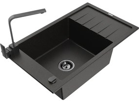 Mexen Elias, granitový drez granitový 795x480x200 mm, 1-komorový, čierna-zlatá metalíza s čiernym sifónom a čierna drezová batéria Rita, 6511-75-670300-70-B