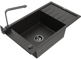 Mexen Elias, granitový drez granitový 795x480x200 mm, 1-komorový, čierna-zlatá metalíza s čiernym sifónom a čierna drezová batéria Rita, 6511-75-670300-70-B